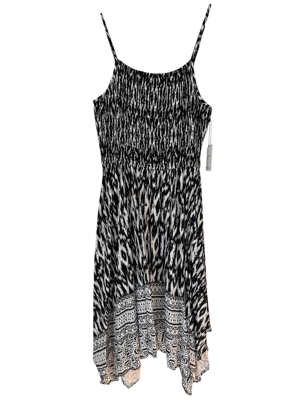 Japna Black & White Printed Spaghetti Strap High-Low Dress, Large